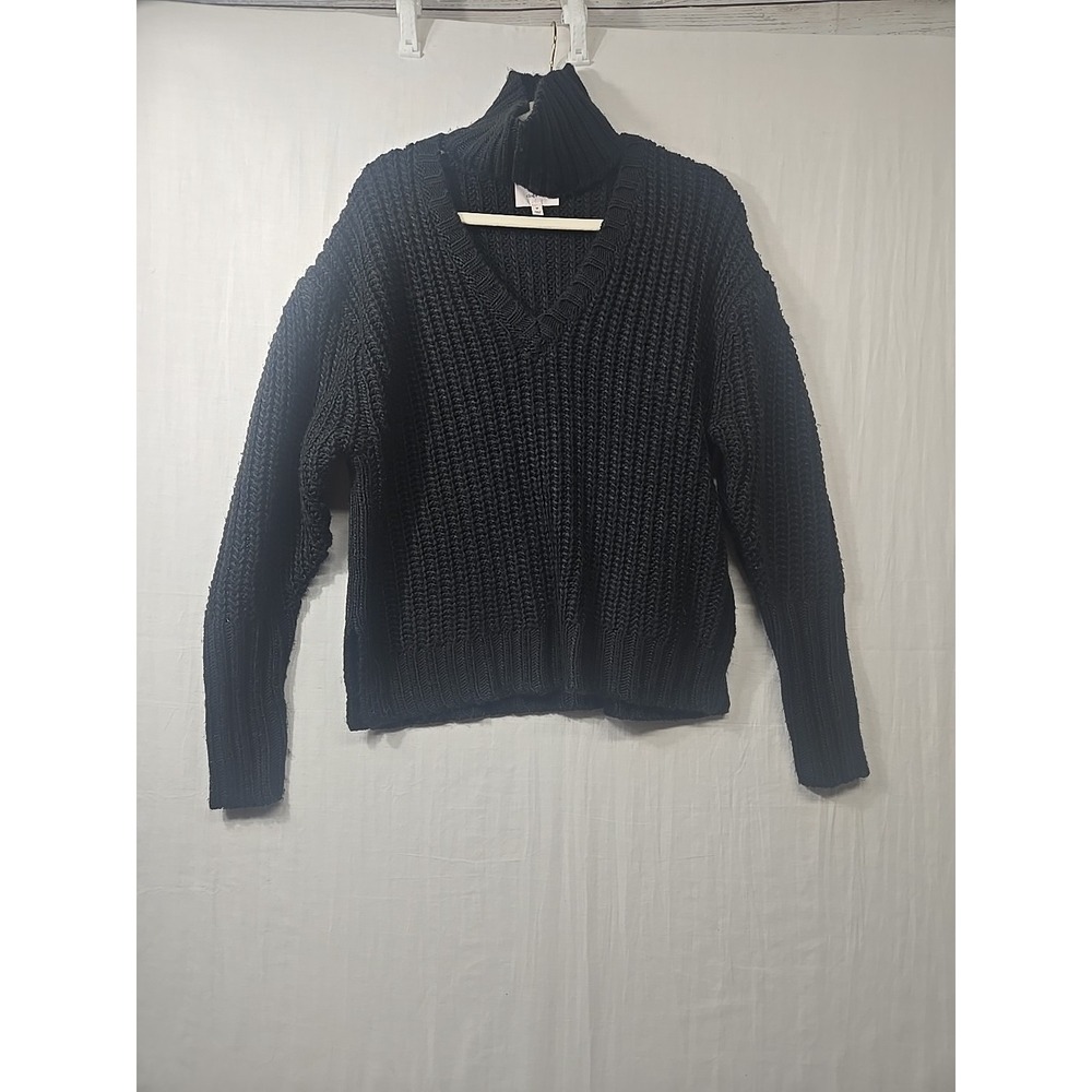 Cinq‎ a Sept Cut Out Turtleneck Sweater Size M Black Ribbed Knit Wool Blend Boxy